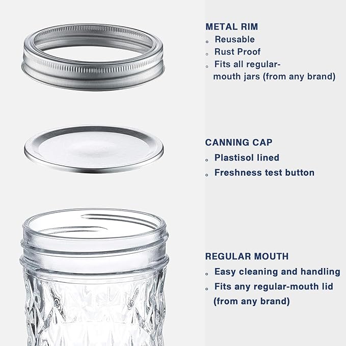 Canning Jars 16 oz Wide Mouth 6-Pack - Quilted Glass Jars with Lids & Bands, Airtight Containers for Pickling, Candles, Overnight Oats, Home Decor, Fruit Preserves