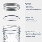 Canning Jars 16 oz Wide Mouth 6-Pack - Quilted Glass Jars with Lids & Bands, Airtight Containers for Pickling, Candles, Overnight Oats, Home Decor, Fruit Preserves