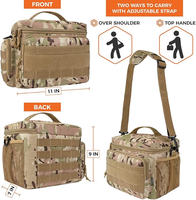 opux Tactical Lunch Box for Men, Camo Mens Insulated Lunch Bag for Adult, Leakproof Soft Lunch Cooler with MOLLE Mesh Side Pockets, Multicam Heavy Duty Lunchbox Pail for Work Women, Large, 18 Cans