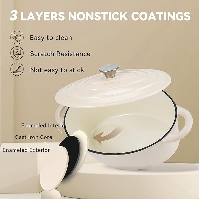 Oval Dutch Oven for Bread Baking, 4.5 Quart Non Stick Enameled Cast Iron Dutch Oven Pot with Lid, Oven Safe Oval Casserole with Lid up to 500°F for Baking, Braising, Stews, Roasting (Beige)