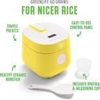 GreenLife Digital Rice Cooker, 2-Cups Uncooked/4-Cups Cooked, Removable Nonstick Ceramic PFAS-Free Pot, One-Touch Presets, Oats, Quinoa, Brown Rice, Auto Keep Warm, Fuzzy Logic Tech, 1.5 QT, Yellow