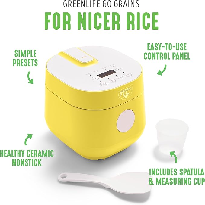GreenLife Digital Rice Cooker, 2-Cups Uncooked/4-Cups Cooked, Removable Nonstick Ceramic PFAS-Free Pot, One-Touch Presets, Oats, Quinoa, Brown Rice, Auto Keep Warm, Fuzzy Logic Tech, 1.5 QT, Yellow