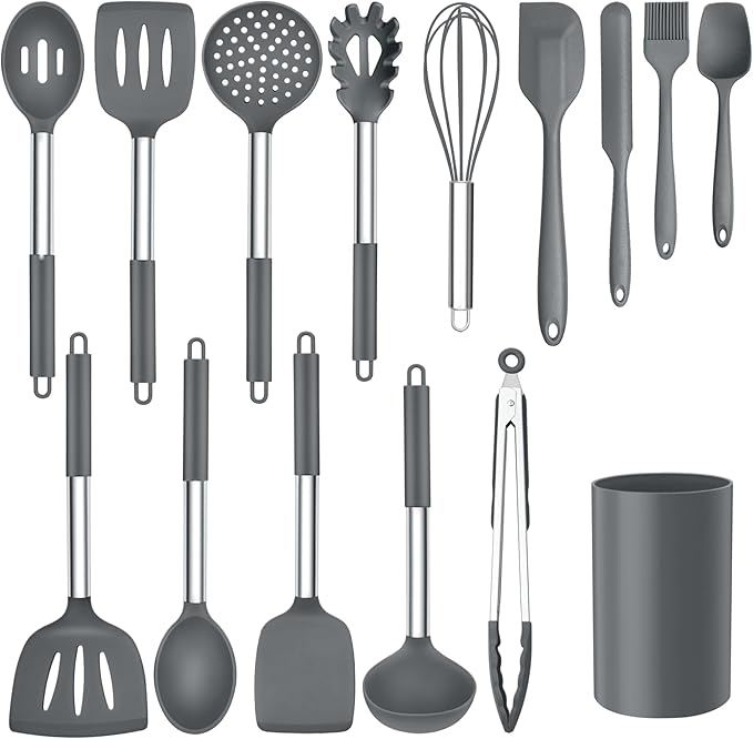 Kitchen Cooking Utensils Set of 15, Silicone and Stainless Steel Utensils Spatula Set with Holder, Heat Resistant & Dishwasher Safe - Grey