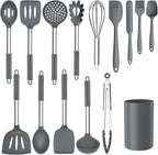 Kitchen Cooking Utensils Set of 15, Silicone and Stainless Steel Utensils Spatula Set with Holder, Heat Resistant & Dishwasher Safe - Grey