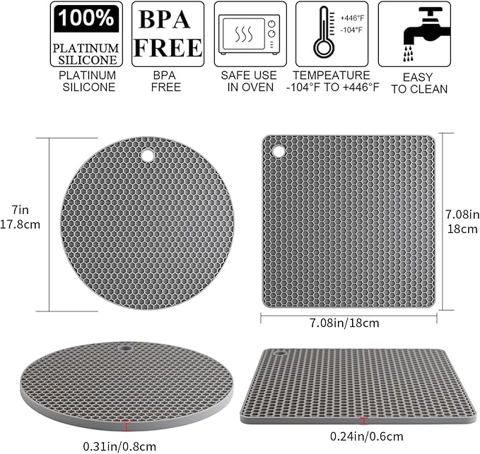 Silicone Trivet Mats, Silicone Pot Holders for Hot Pots and Pans, Heat Resistant Counter Mats for Tables, Countertops, Spoon Rest and Large Coasters, 4 Pack Gray Trivets for Hot Dishes
