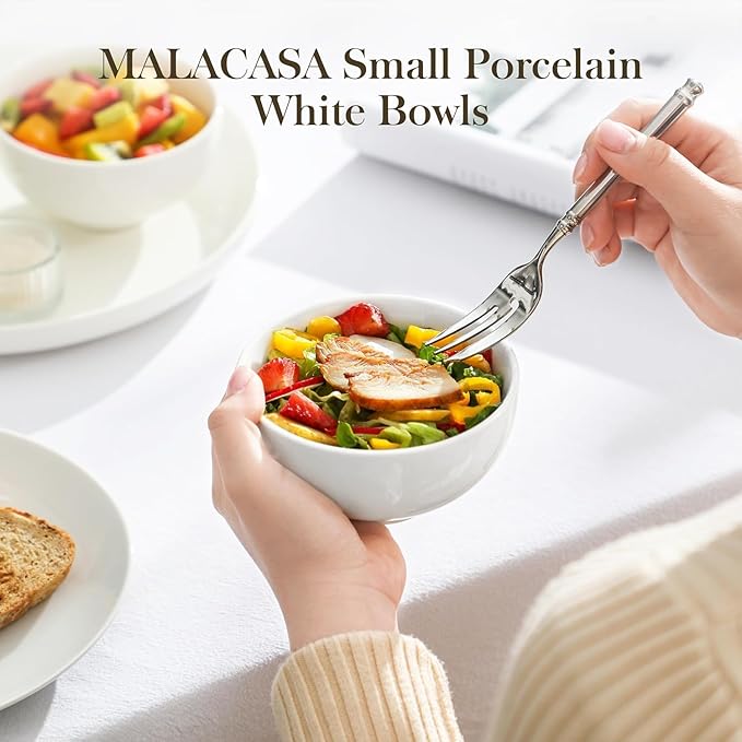 MALACASA Small White Bowls Set of 8, 10 Oz Ice Cream Bowls - Little Ceramic Bowls for Bouillon,Side Dishes, Dessert, Oatmeal, Fruit, Portion Control - Dishwasher & Microwave Safe.