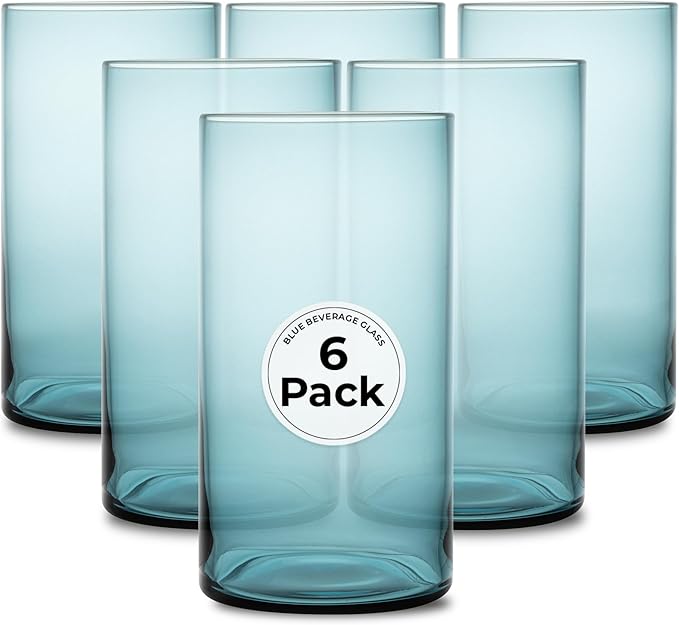 Restaurantware-Vetri 16 Ounce Tall Drinking Glasses, 6 Dishwashable Beverage Glasses - No-Lead, Elegant, Blue Glass Tumblers, Ideal For Water, Juice Beer, Cocktails, Liquor, Iced Tea, And More