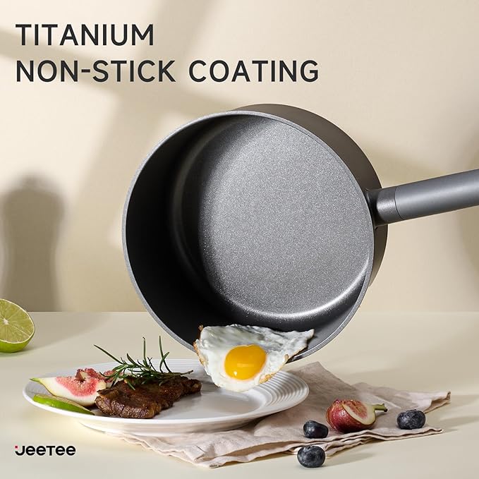JEETEE Titanium Sauce Pan with Lid, 3 QT Non Stick Cooking Pots, Oven & Dishwasher Safe, Ideal for Sauces Soups and Heating Milk, PFOA/PFAS Free (Gray)