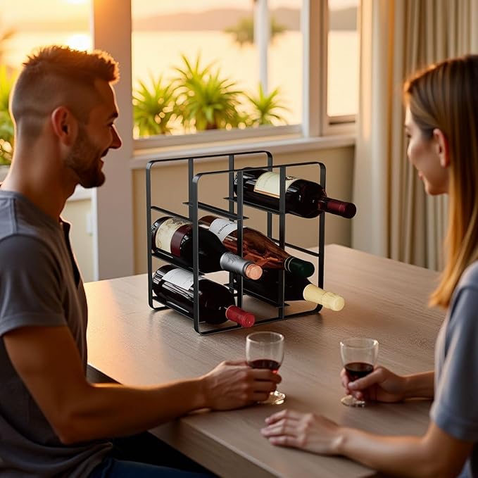 Buruis 9-Bottle Metal Wine Rack, Freestanding Holder Organizer for Red and White Wine, Kitchen Countertop, Pantry, No Assembly Required, Black