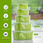 LUXEAR Fruit Vegetable Produce Storage Saver Containers with Lid & Colander 5 Packs BPA-Free Plastic Fresh Keeper Set | Refrigerator Fridge Organizer | for Salad Berry Lettuce Food Celery - Green