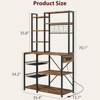 Bakers Rack with Power Outlet, 7-Tier Microwave Stand with Wire Basket, Coffee Bar with 4 s-Shaped Hooks, Kitchen Open Storage Shelf Rack for Spices, Pots, Brown