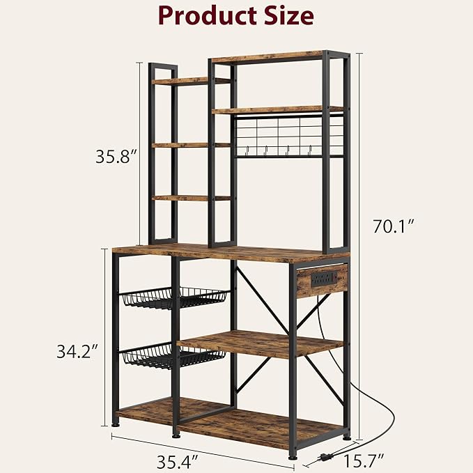 Bakers Rack with Power Outlet, 7-Tier Microwave Stand with Wire Basket, Coffee Bar with 4 s-Shaped Hooks, Kitchen Open Storage Shelf Rack for Spices, Pots, Brown