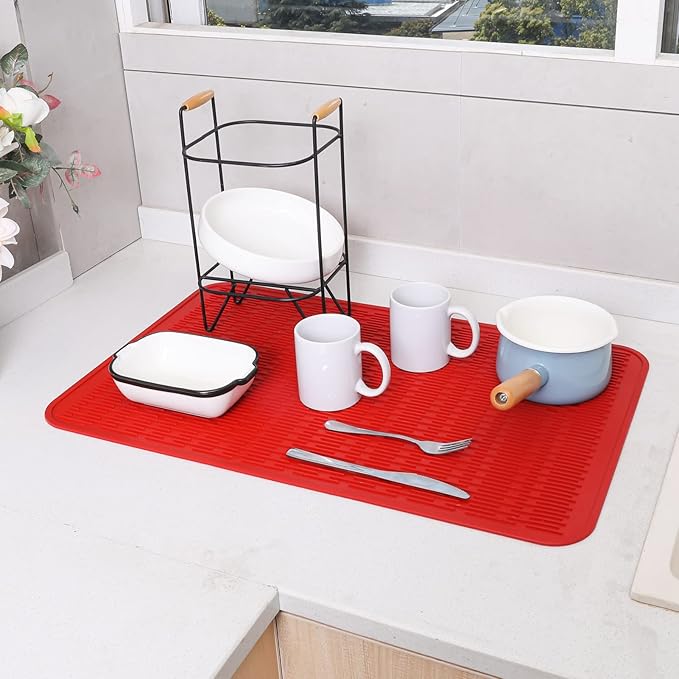 Silicone Dish Drying Mat for Multiple Usage,Easy clean,Eco-friendly,Heat-resistant Silicone Mat for Kitchen Counter or Sink,Refrigerator or Drawer Liner Red 3XL 28 inches x 18 inches