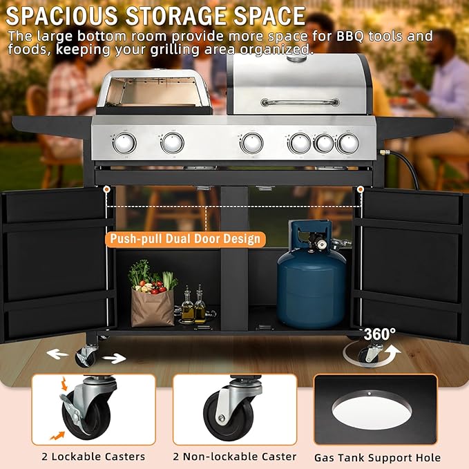 MELLCOM 3 IN 1 Pizza Griddle Grill Combo, 74,000 BTU 5 Burner Stainless Steel Propane Gas Grill with Side Burner,Pizza Oven, Griddle and Porcelain Enameled Cast Iron Grates for Outdoor Patio Backyard