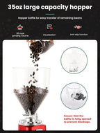 Huanyu Burr Coffee Grinder- Stainless Steel Flat Burr, 19 Precise Grind Settings, 35oz Capacity and Dual Dosing for Espresso, Hand Punch, French Press Red