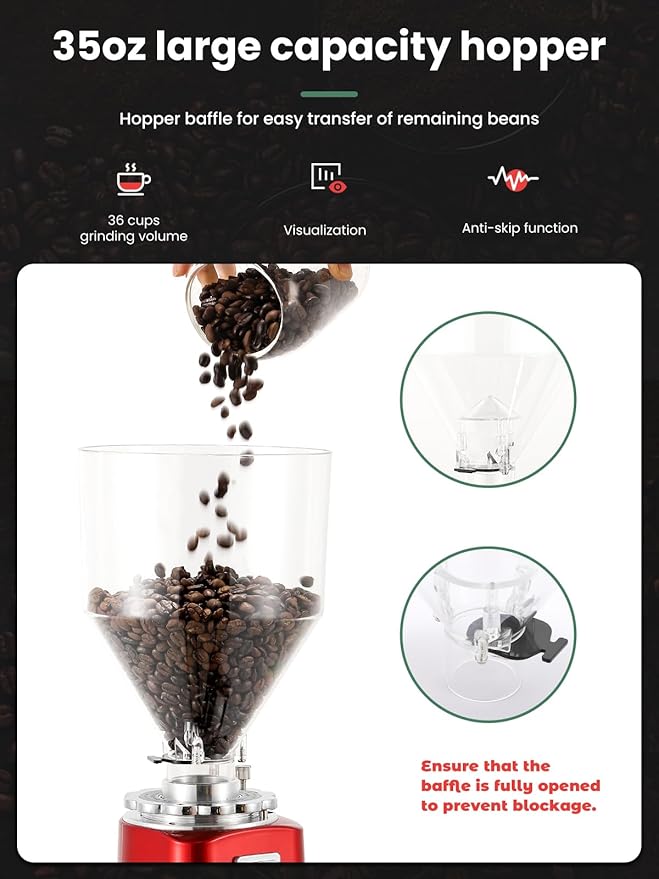Huanyu Burr Coffee Grinder- Stainless Steel Flat Burr, 19 Precise Grind Settings, 35oz Capacity and Dual Dosing for Espresso, Hand Punch, French Press Red