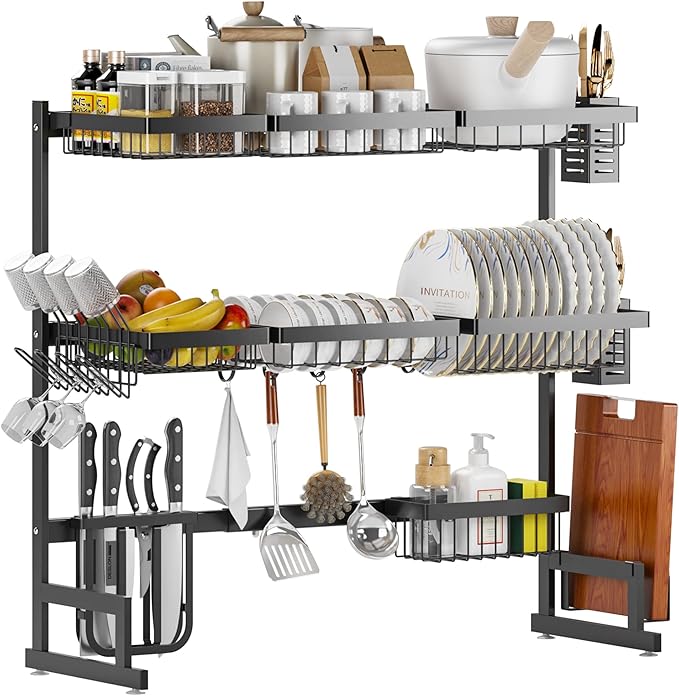 PUSDON Over Sink Dish Drying Rack Stainless Steel, Adjustable Large Dish Drainer for Storage Kitchen Organization Black 3 Tier - Standard(34"-46")