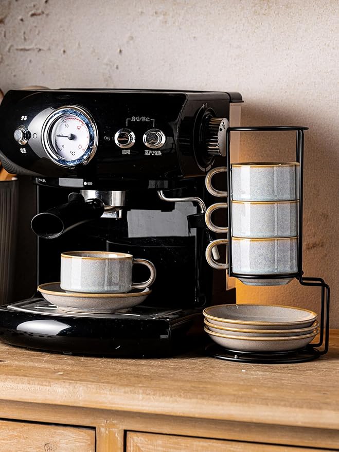 Gomakren 6 Ounce Cappuccino Cups with Saucers and Metal Stand, Stackable Coffee Cup Set of 4, Halloween Porcelain Espresso Cups for Coffee Drinks, Cappuccino, Latte, Americano, Tea, Gray