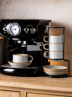 Gomakren 6 Ounce Cappuccino Cups with Saucers and Metal Stand, Stackable Coffee Cup Set of 4, Halloween Porcelain Espresso Cups for Coffee Drinks, Cappuccino, Latte, Americano, Tea, Gray