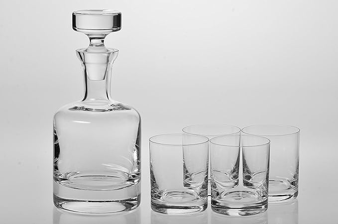 European-Made Decanter Gift Set | 1 Handmade European Lead-free Crystal Decanter with Stopper (30 Fl Oz) & 4 Crystal Whisky Glasses (11 FL Oz)