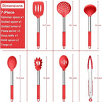 E-far Silicone Cooking Utensils Set, 7 Pcs Heat Resistant Kitchen Utensils with Stainless Steel Handle, Slotted Turner, Spoon, Soup Ladle, Pasta Server, Skimmer, Tongs for Nonstick Cookware, Red