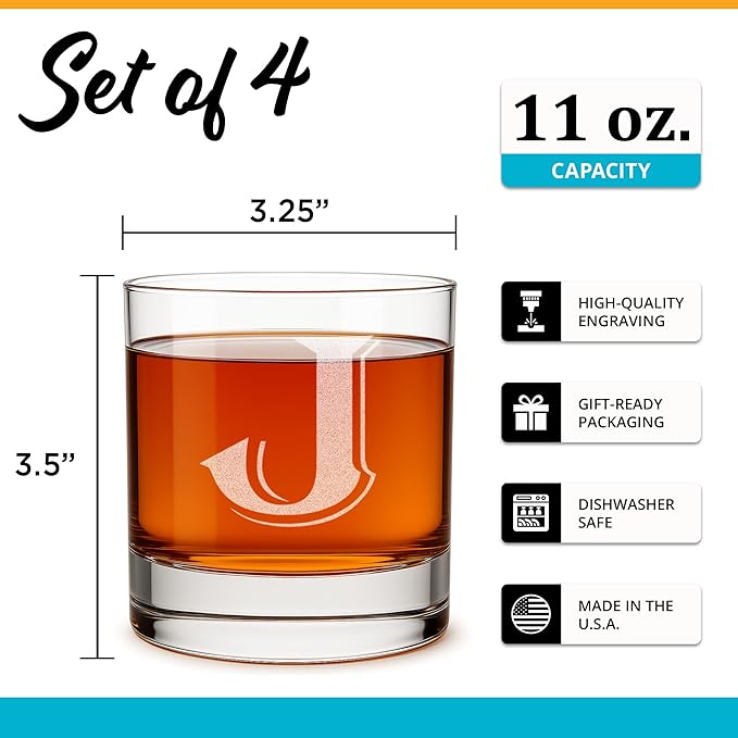 On The Rox Drinks (J-Monogram)- 4 Piece Set of 11 Ounce Engraved Heavy Base Rocks Glasses- Quality Elegant Glass-Multi-Purpose Beverage-Rocks Glass- Gift for any Occasion