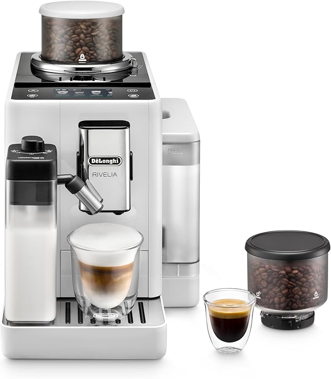 De'Longhi Rivelia Automatic Espresso Machine with Grinder & Milk Frother – All-in-One Coffee Maker, Hot & Iced Latte, Cappuccino, Bean Switch System, Burr Grinder, Compact Italian Design, White