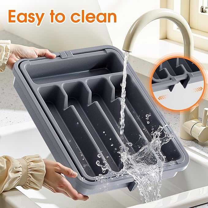 Silverware Organizer，Adjustable & Expandable Utensil Drawer Organizer, BPA Free Utensil Holder, Cutlery Tray for Forks, Spoons, Knives in Kitchen, Medium, Grey