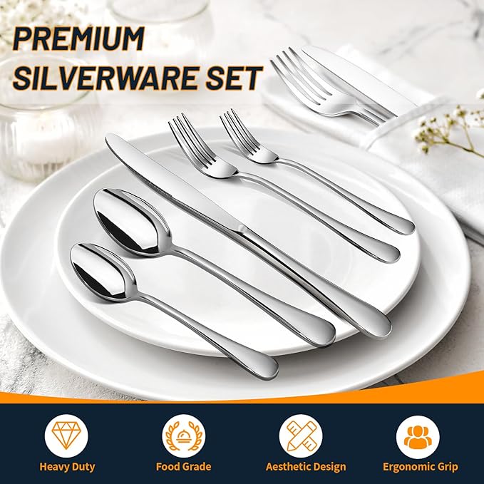 Silverware Set, 40 Piece Stainless Steel Cutlery Sets for 8, Heavy Duty Flatware, Mirror Polished Forks Spoons and Knives Set, Reusable Utensils for Home Kitchen, Dishwasher Safe