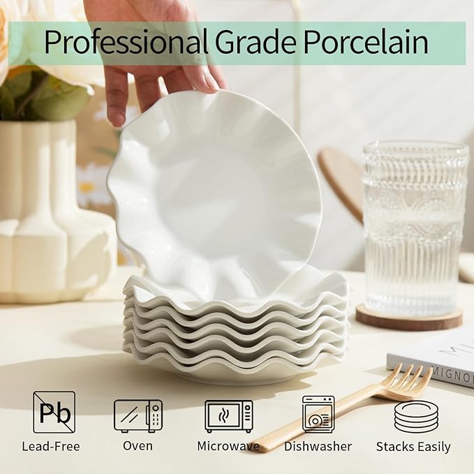 OMAYKEY 6 Inch Ceramic Dessert Plates Set of 18, Small Salad Plates, Porcelain Wave Rim Dinner Plates, Mini Appetizer Plates for Cake Waffles Snacks Side Dish, Oven Microwave Dishwasher Safe, White