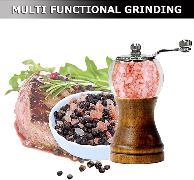 Pepper Mill Classical Roast Black Manual Wood Pepper Grinder Set, Zinc Alloy Handle Shakers Adjustable Coarseness Retro Style Wood Salt & Pepper Mill Sets，Enjoy Fresh Pepper (2pcs-5in)