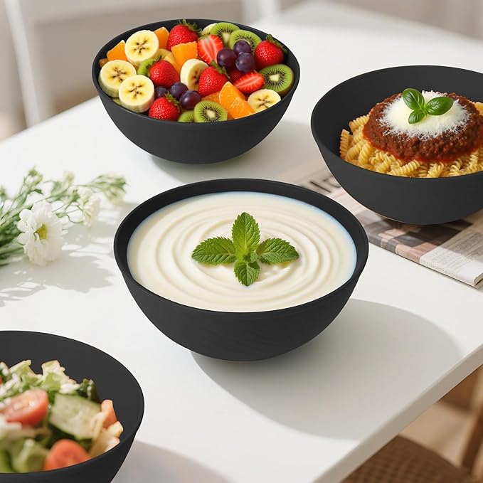 Unbreakable Cereal Bowls 40 OZ, Wheat Straw Bowls Set of 6 with Unique Pattern, Reusable Plastic Bowl for Cereal, Soup, Salad and Ramen, Indoor & Outdoor Essentials, Black