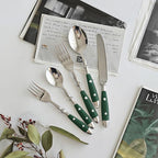 5-Piece Silverware Set, 304 Riveted Stainless Steel Flatware Set, Service for 1, Vintage Cutlery Set with Green Bakelite Handle, Mirror Polished | Rustic | Dishwasher Safe
