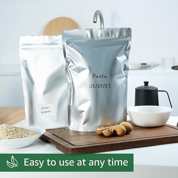 50pcs 8x12 Mylar Bags for Food Storage 2 Quart Resealable Smell Proof Foil Pouches Bags with Label sticker，Family Daily life for Food long-term Freeze Dryer Storage Coffee Cereal