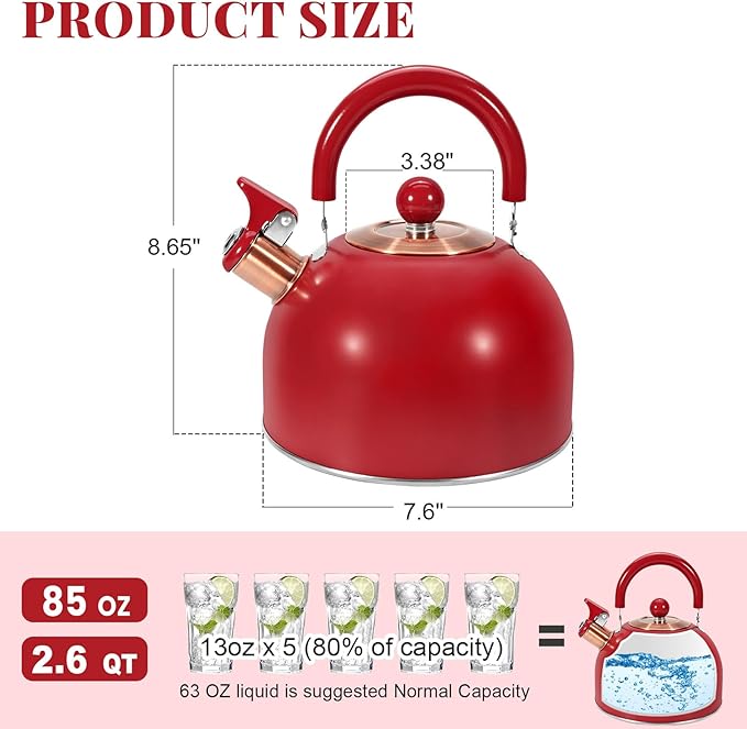 GGC 2.6QT Tea Kettle for Stove Tops, Whistling Tea Kettles for Boiling Water Coffee or Milk, Red Stainless Steel Tea Pots with Folding Handle, Thumb Design Control Kettle Outlet