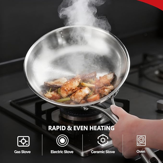 ROVSUN 8-10-12 Inch Stainless Steel Cookware Set, Tri-Ply Skillets Set with Lids, Full Clad Stainless Steel Chef's Pan, PFOA & PTFE Free Skillets, Compatible for All Cooktops, Dishwasher & Oven Safe