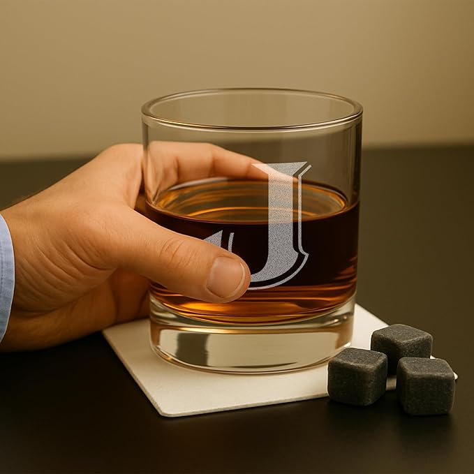 On The Rox Drinks (J-Monogram)- 4 Piece Set of 11 Ounce Engraved Heavy Base Rocks Glasses- Quality Elegant Glass-Multi-Purpose Beverage-Rocks Glass- Gift for any Occasion