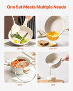 VEVOR 19 Piece Pots and Pans Set Nonstick, Granite Cookware Set, Induction Cookwares, Kitchen RV Cooking Sets with Frying, Sauce, Saute, Tempered Glass Lids, and Pan Protectors, White