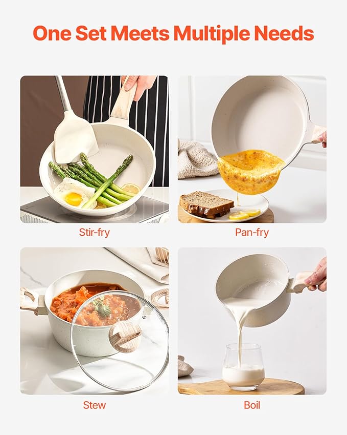 VEVOR 19 Piece Pots and Pans Set Nonstick, Granite Cookware Set, Induction Cookwares, Kitchen RV Cooking Sets with Frying, Sauce, Saute, Tempered Glass Lids, and Pan Protectors, White