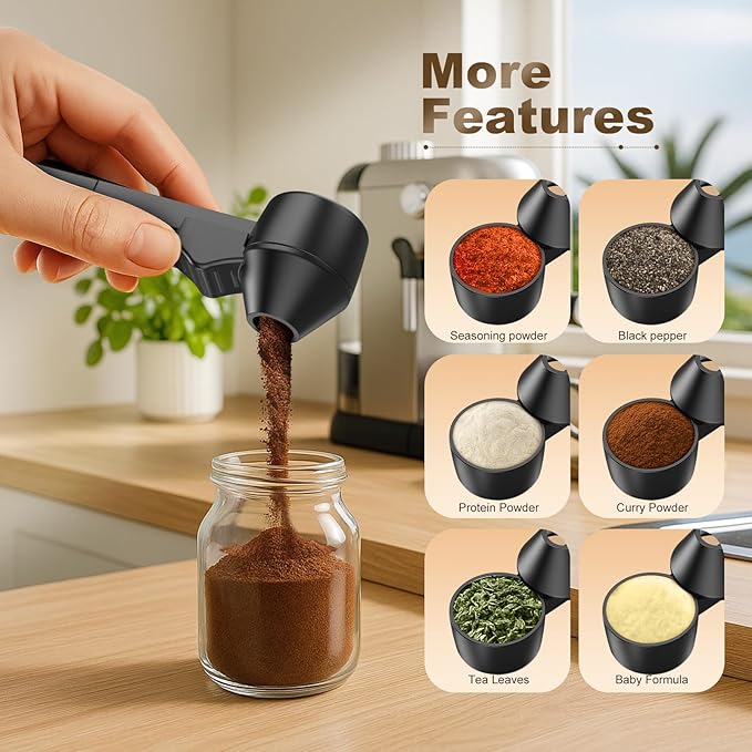 Coffee Scoop & Funnel for Reusable K Cup Refillable Coffee Pods,Mess-Free Measuring Spoon 2 TBSP Capacity for Ground Coffee, Protein Powder & Tea, Funnel Design without Spilling(1, Black)