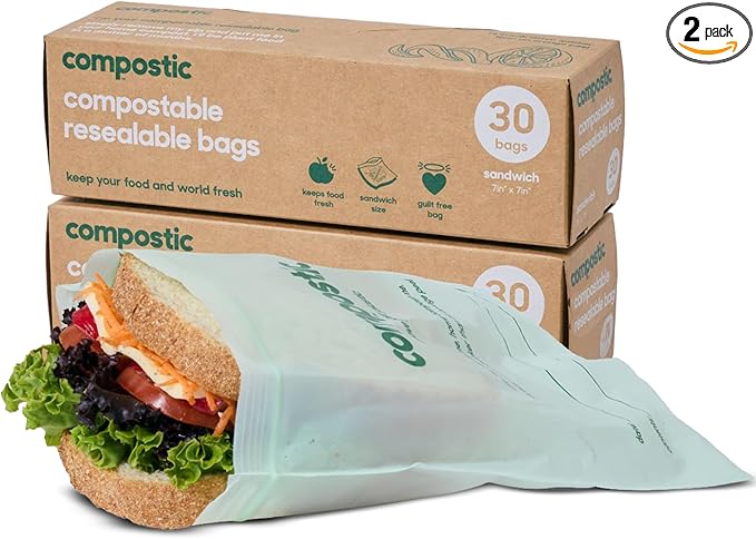 Home Compostable Resealable Sandwich Bags (7"x7"), Microwave & Freezer Safe, Organic Food Storage Container, 30 Count (Pack of 2)
