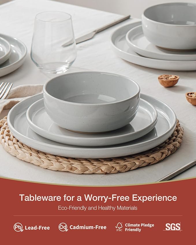 Famiware Milkyway Stoneware Dinnerware Sets with Mugs, Service for 6 (24 Pieces), Plates and Bowls Sets -Scratch Resistant, Microwave and Dishwasher Safe Dishes Set, Light Gray