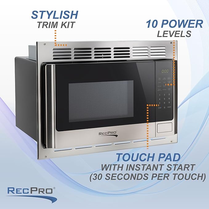 RecPro RV Microwave with Trim Kit | 1.0 Cu. Ft. | 900W | Direct Replacement for Greystone and High Pointe (Stainless Steel)