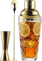 Glass Cocktail Shaker Set with Built-in Strainer – 16oz Thickened Pineapple Glass Gold Shaker Set, Gold Jigger & Bar Spoon with Muddler for Home Bar/Trolley Décor/Margaritas/Martinis