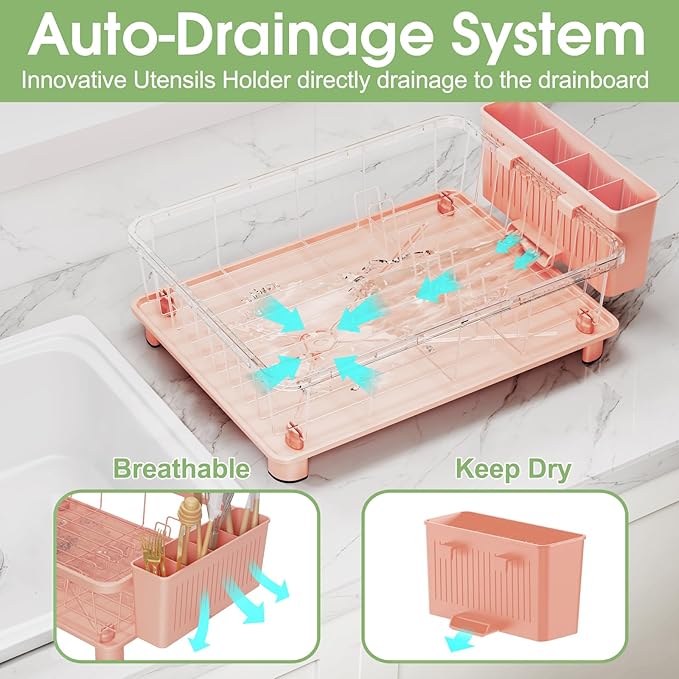 Pink Dish Drying Rack - Space-Saving Dish Rack,Dish Racks for Kitchen Counter with Drainboard, Birthday Christmas Day Mothers Day Thanksgiving Gifts for Mom Grandma Wife Kitchen Enthusiasts