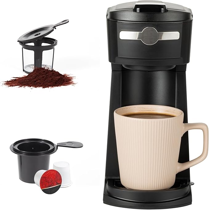 Single Serve K Cup Coffee Maker 2 in 1Machine,6 to 14 0z Brew Sizes,Auto Shut Off& Reusable Filter,Use Coffee Capsule&GroundCoffee&Loose Leaf Tea,Iced Coffee,Black
