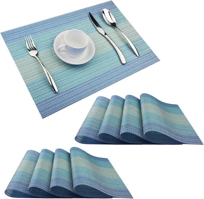 PIGCHCY Placemats Set of 8 Washable Durable Placemat Vinyl Heat Resistant Non-Slip Table Mats Indoor Outdoor (Coastal Blue)