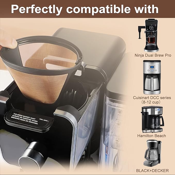 KEEPOW Reusable Cone Coffee Filters #4, 2-Pack 8-12 Cup Gold Permanent Coffee Filter Basket for Cuisinart/Ninja Dual Brew Pro CFP301/ Hamilton Beach, Size 04 Pour Over Coffee-maker Dripper Accessories