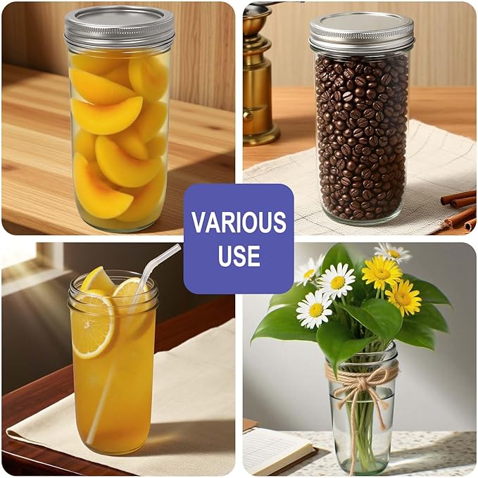 Wide Mouth Mason Jars 24 oz with Lids, Glass Jars with Airtight Lids and Band, Safe for Canning, Food Storage, Pickling, Overnight Oats Container, Pint and A Half Size (Pack of 6)