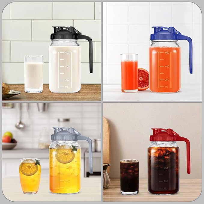 64OZ Mason Jar Pitcher, Blue, 2 Quarts, Leak-Proof Flip Cap Lid, Sturdy Handle, Country Rustic Style